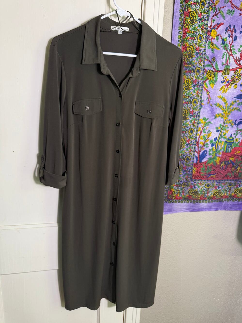 Sandra Darren Size 12 Olive Utility Shirt Dress Button Front Roll Tab Midi